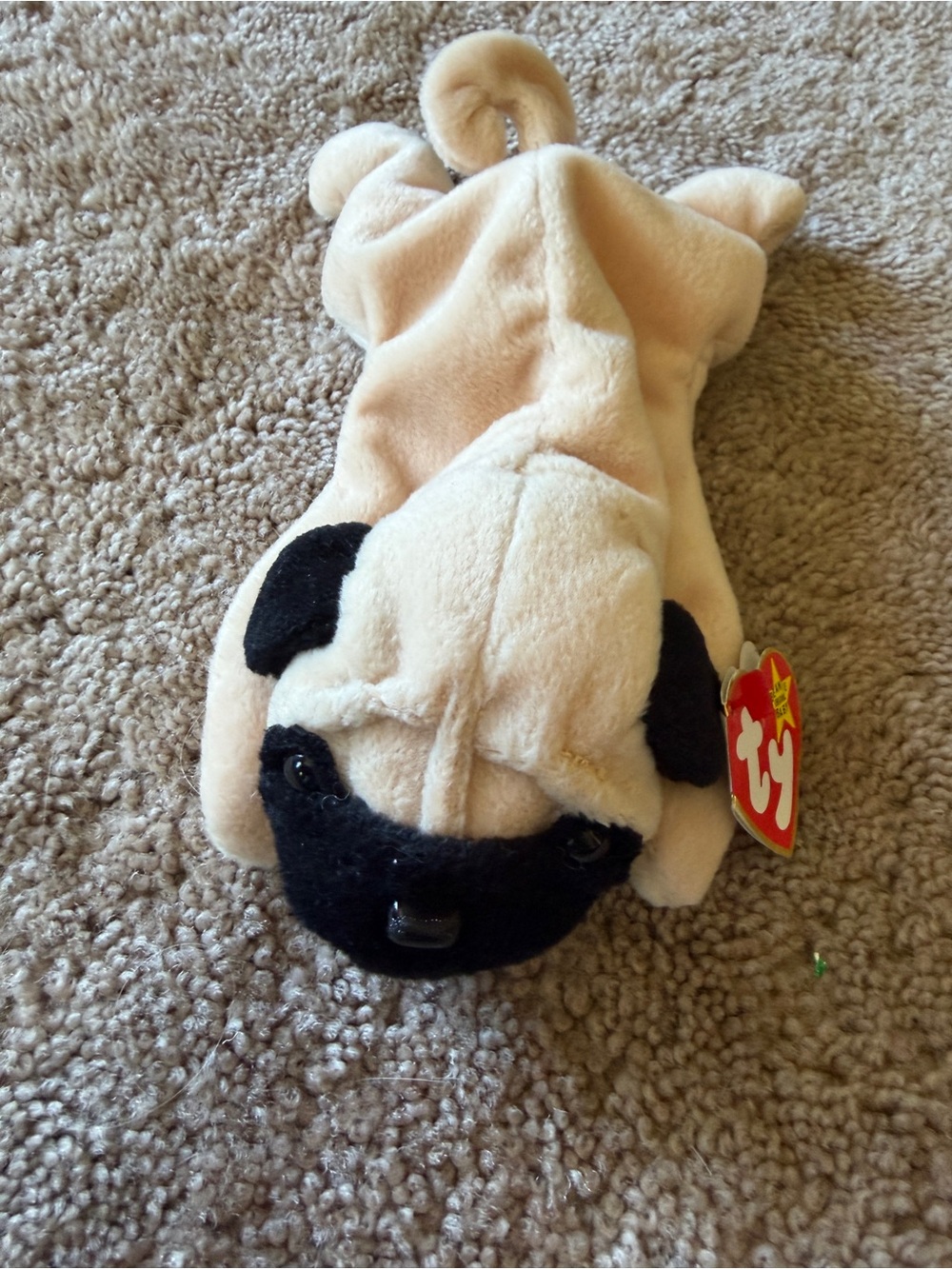Ty NWT Pugsly Plush Pug Dog Beanie Baby Cream and Black